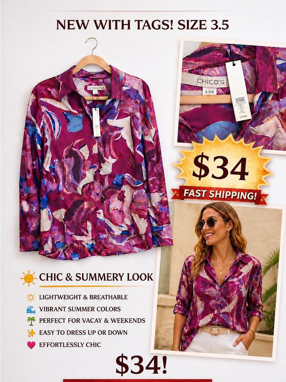 Chico's Magenta and Blue Floral Button-Down Shirt